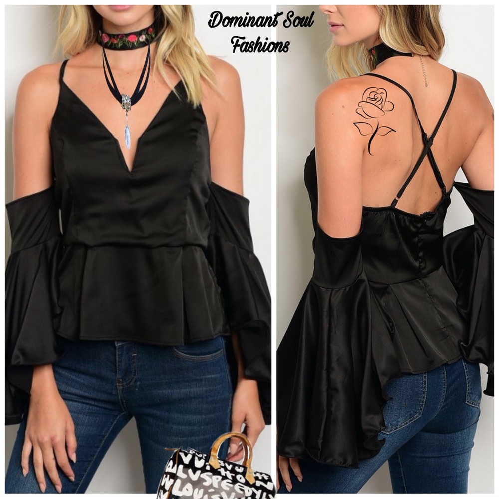 Black Off Shoulder Flare Bell wide Sleeve Boho gothic Black Top